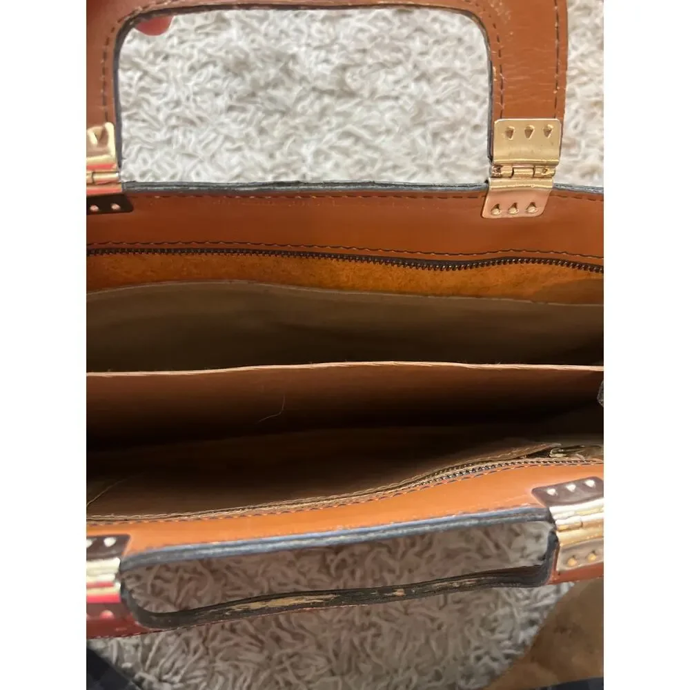 Vintage Tan Leather YKK Zip Front Flap Pocket Briefcase Document Laptop Bag
